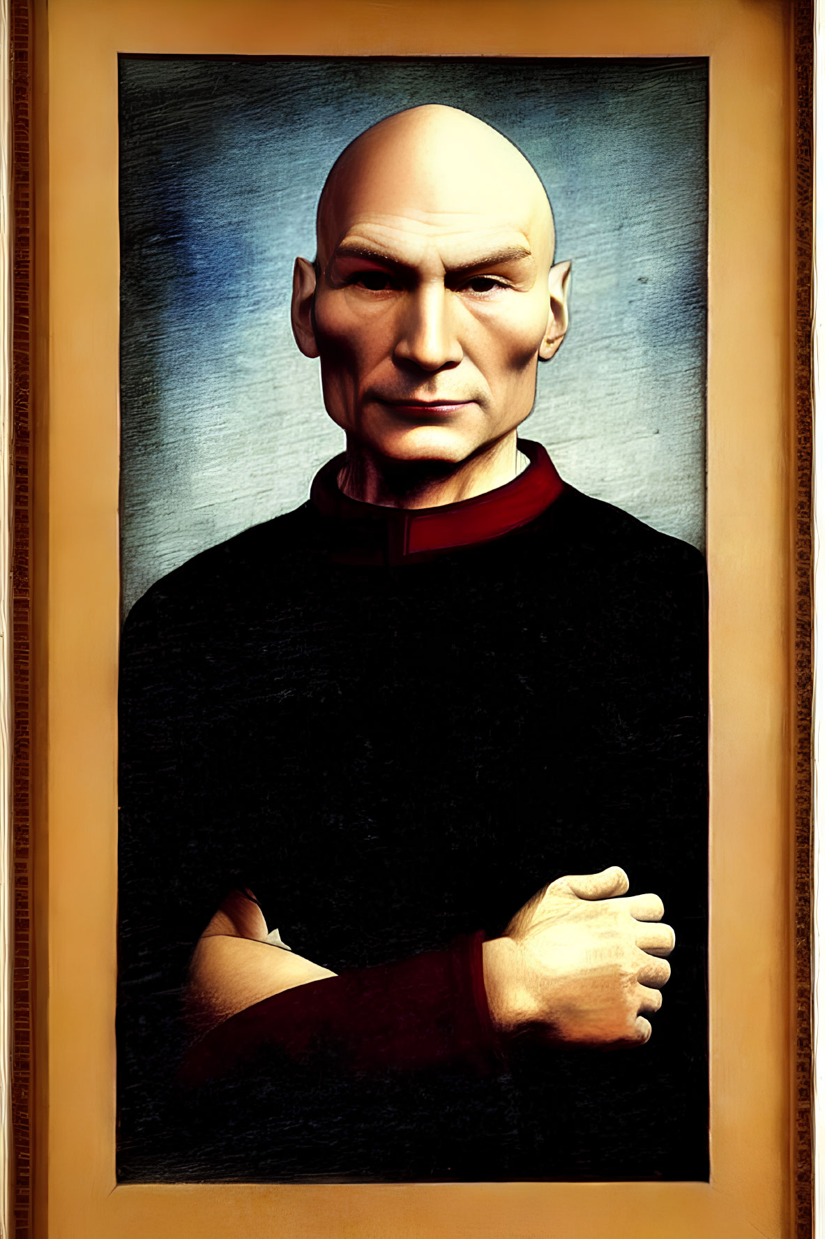 Bald Male Character Portrait in Black and Red Uniform