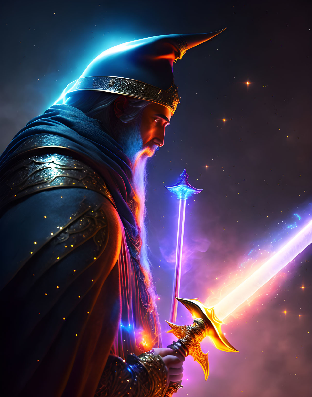 Majestic wizard in ornate armor with luminous staff in starry backdrop