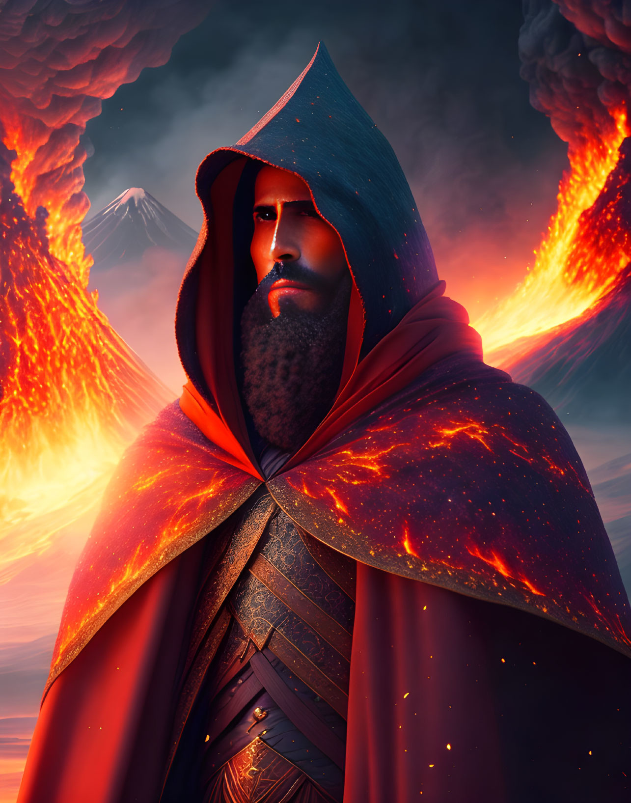 Bearded man in red cloak with volcano background