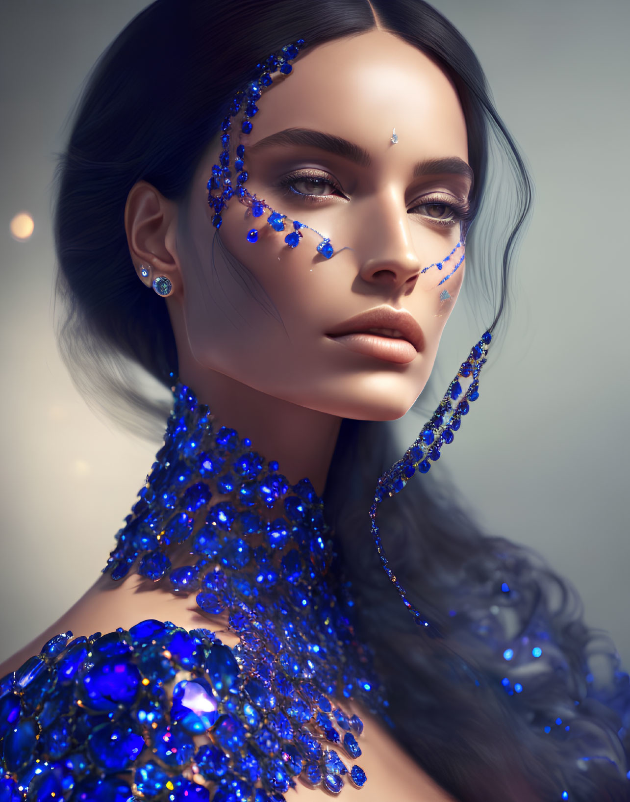Portrait of woman with blue gemstones, thoughtful expression, and dark hair