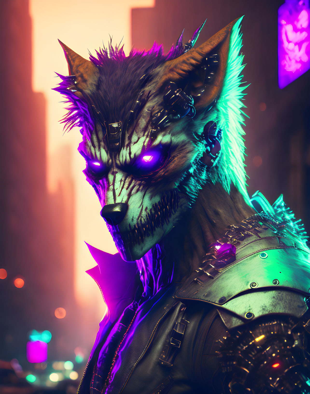 Cyberpunk aesthetic individual with glowing purple eyes and wolf mask in urban neon lights.
