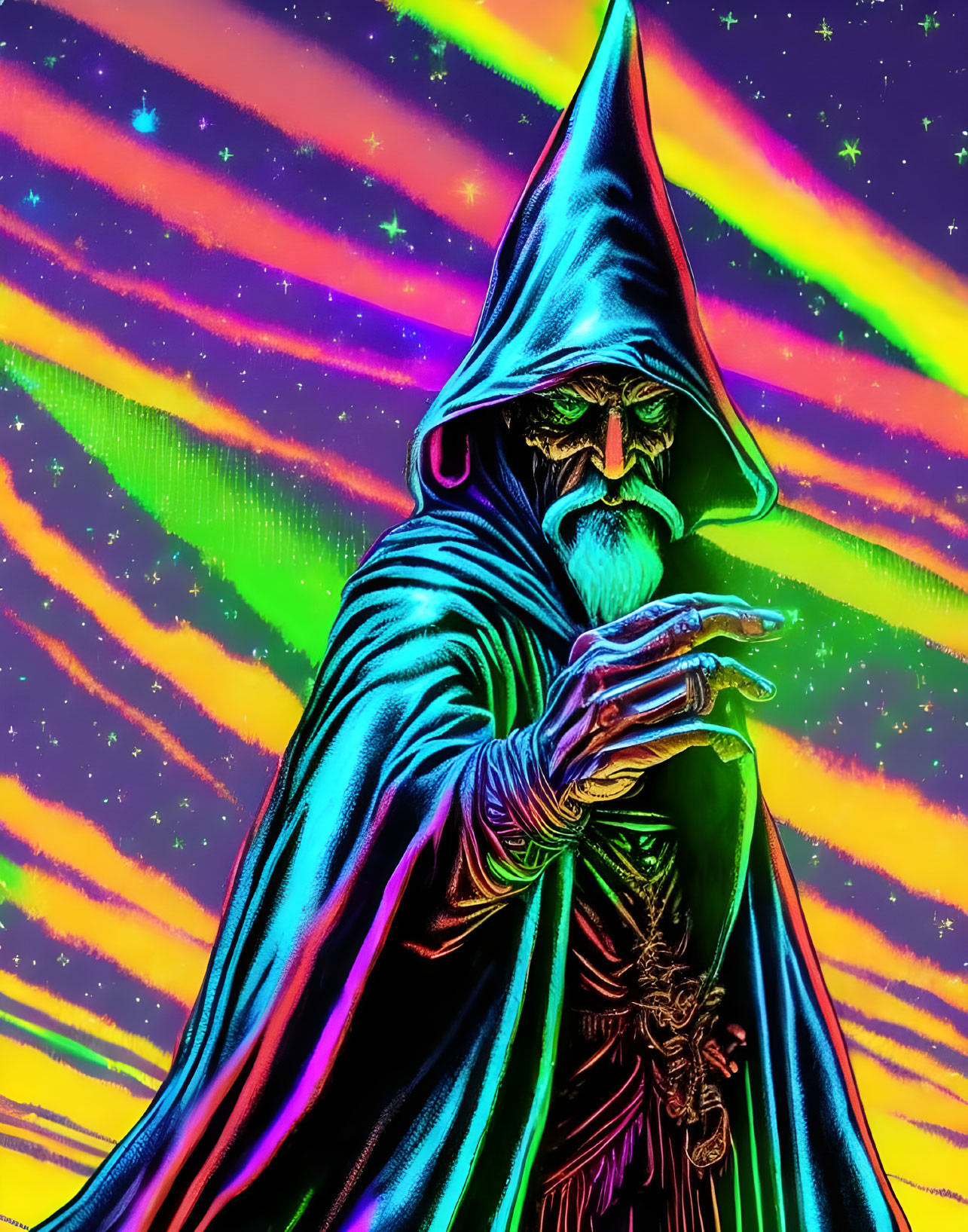 Colorful Wizard in Cloak and Pointed Hat Against Psychedelic Rainbow Background
