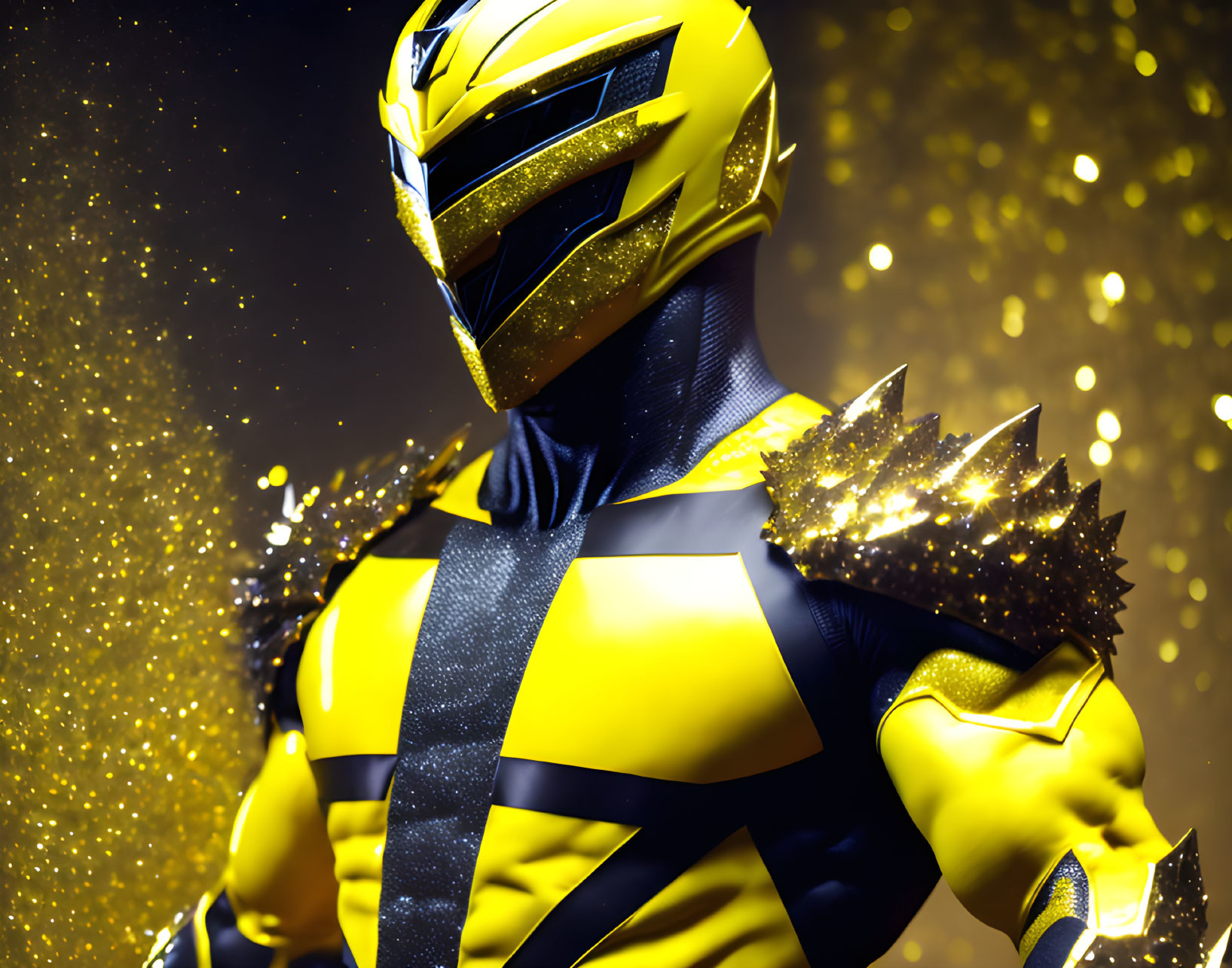 Superhero in Yellow and Black Costume on Gold Background