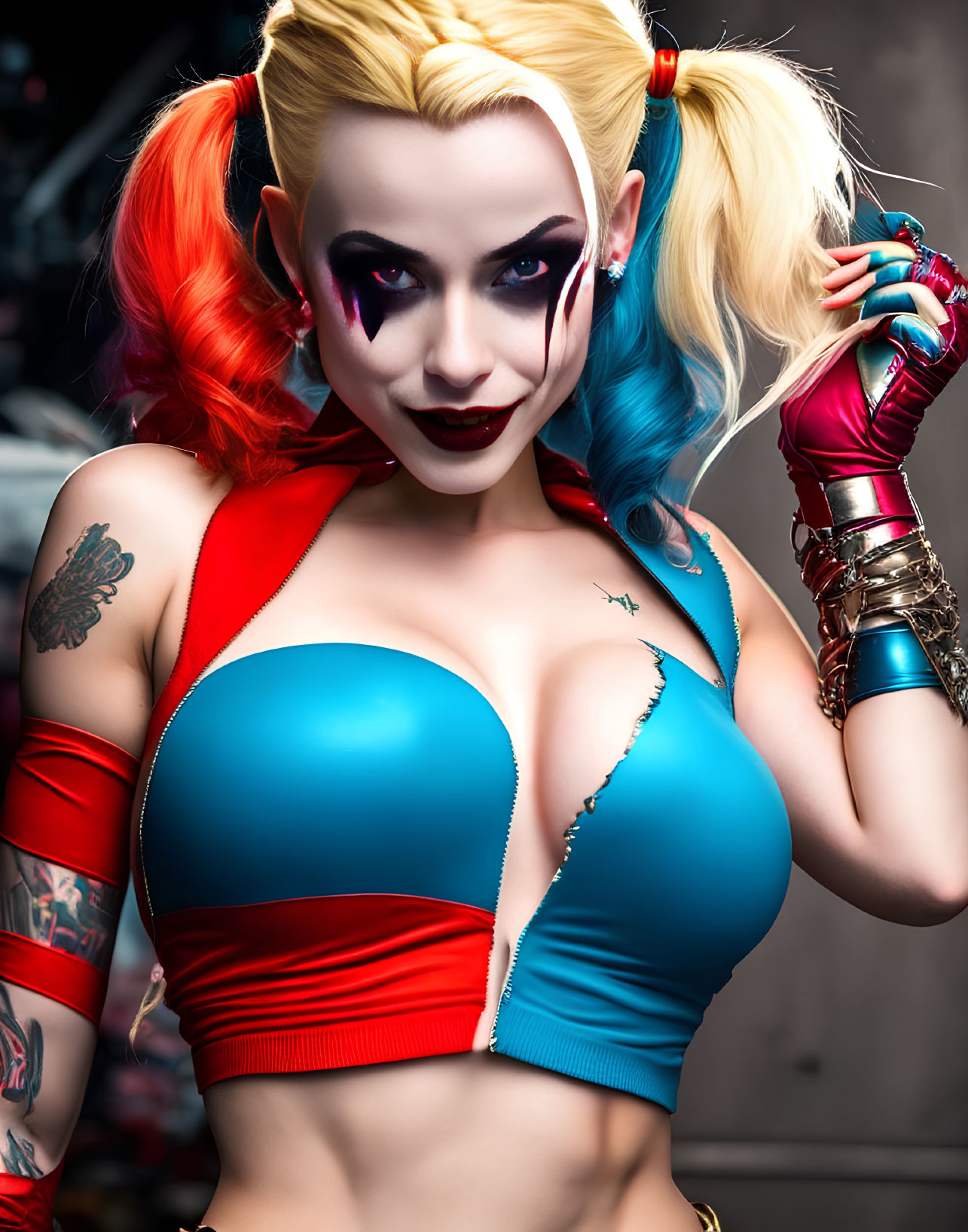 Colorful Harley Quinn Cosplay with Pigtails and Revealing Costume
