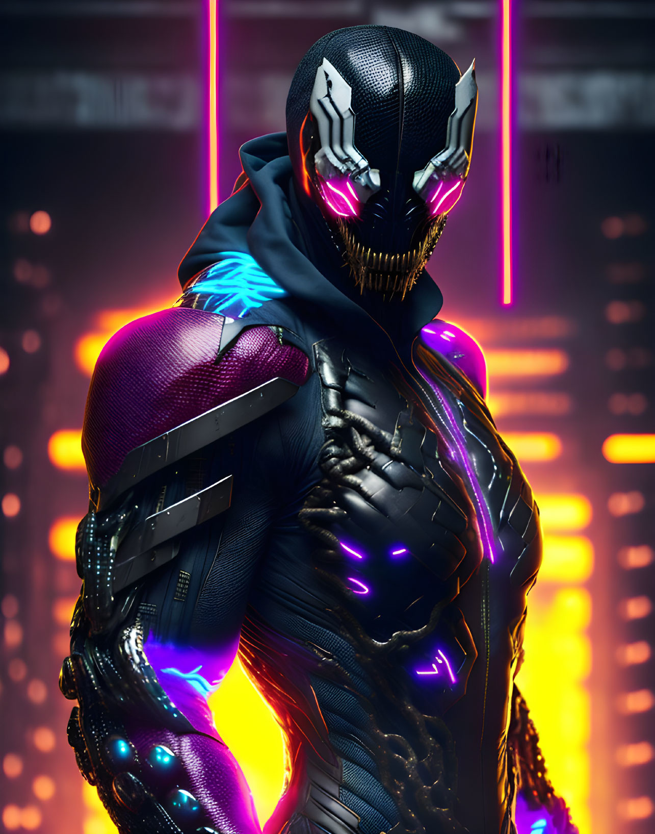 Futuristic warrior with glowing mask and armor in neon-lit setting