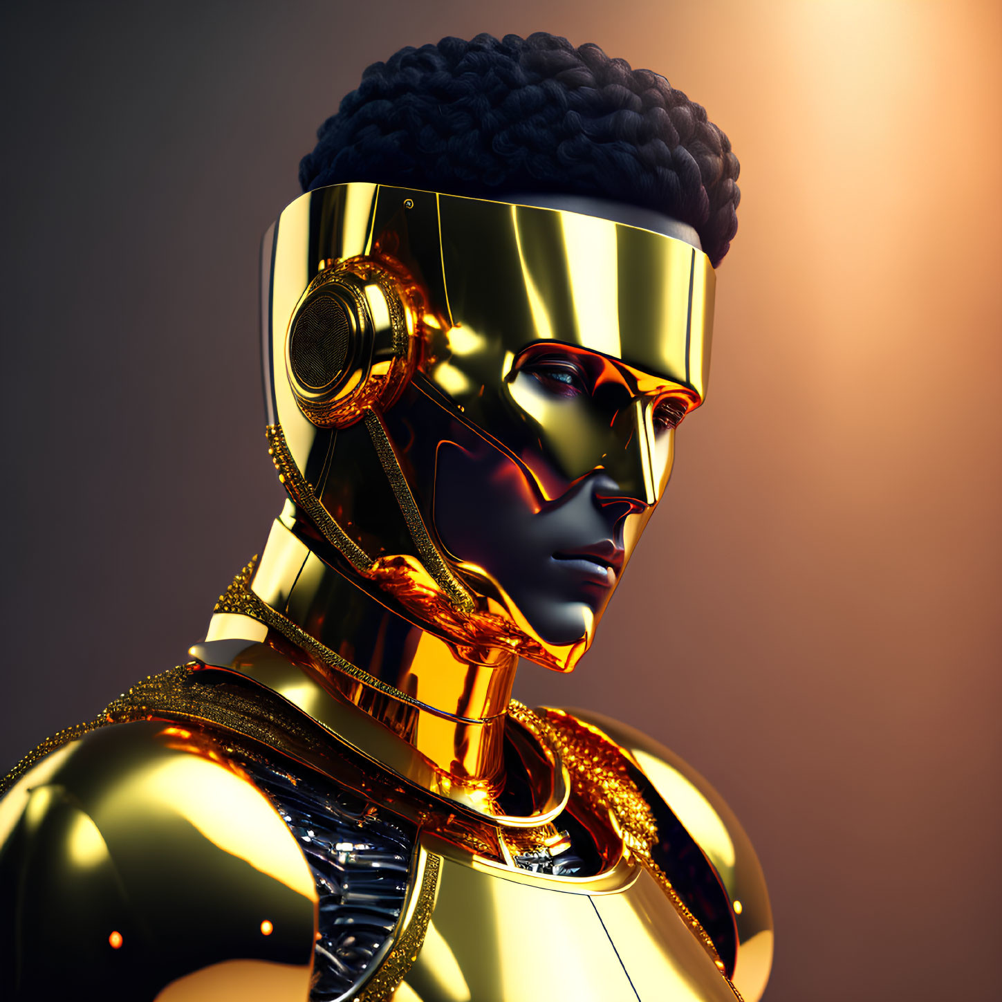 Futuristic robot with gold surface and black headpiece on warm background