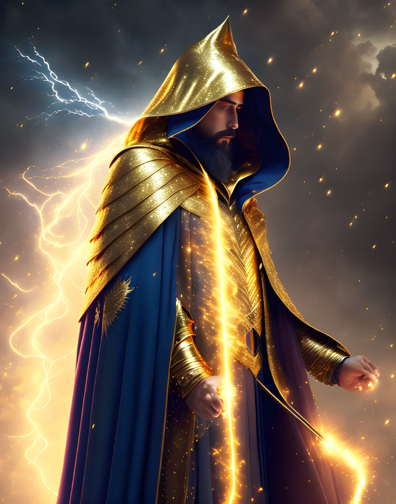 Majestic figure in golden hooded cloak against stormy backdrop