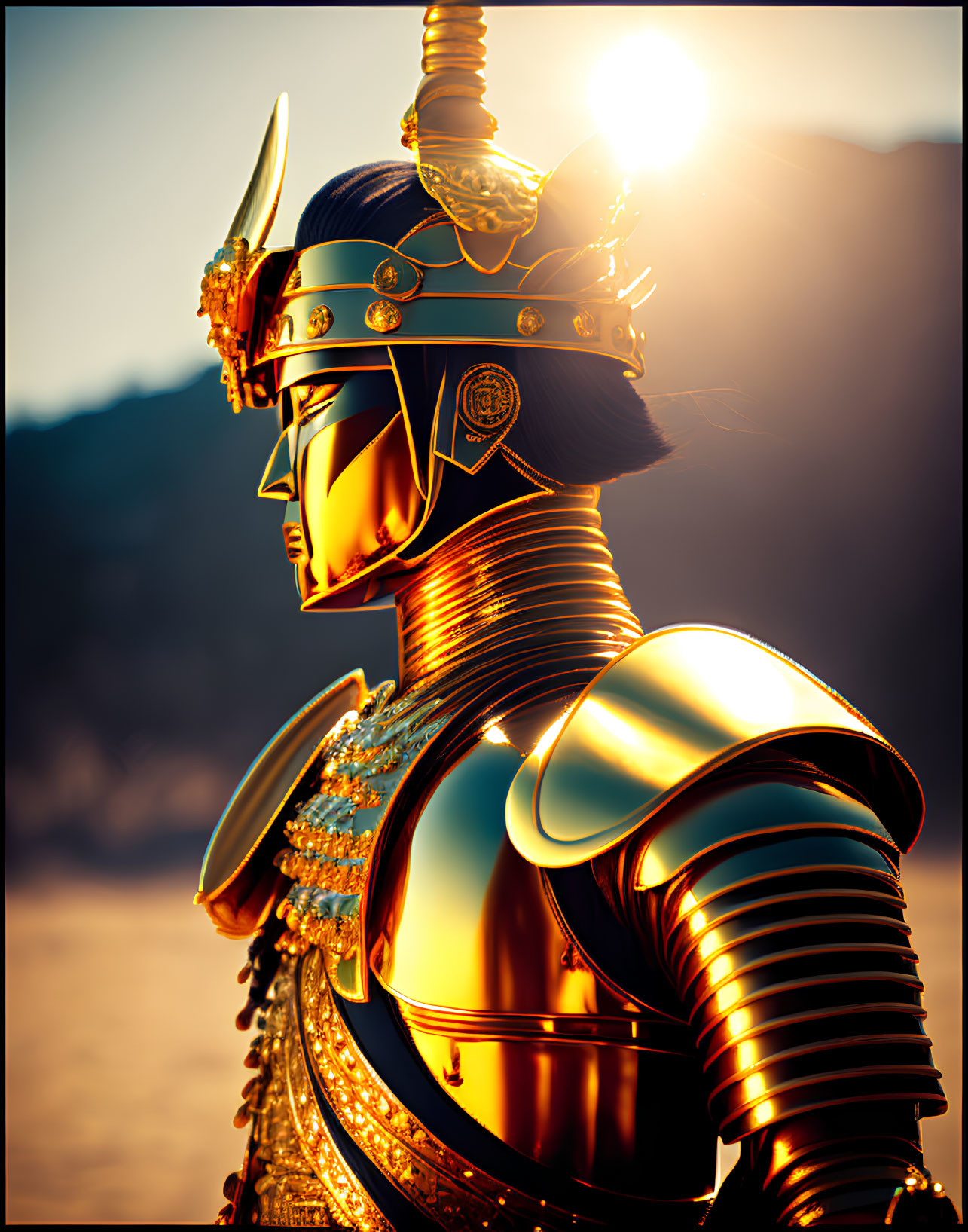 Person in ornate golden armor with helmet in front of sunburst