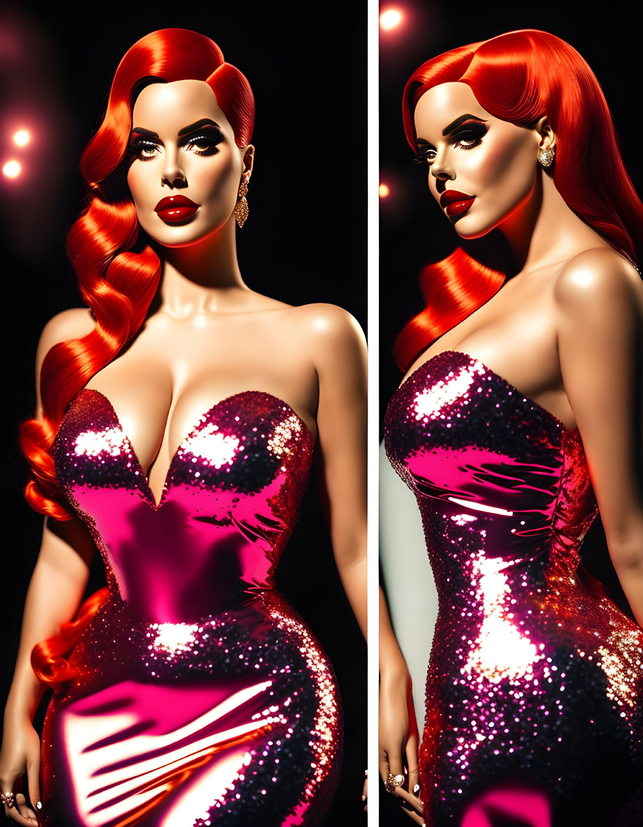 Digital artwork featuring woman with vibrant red hair and pink dress in two poses against dark backdrop