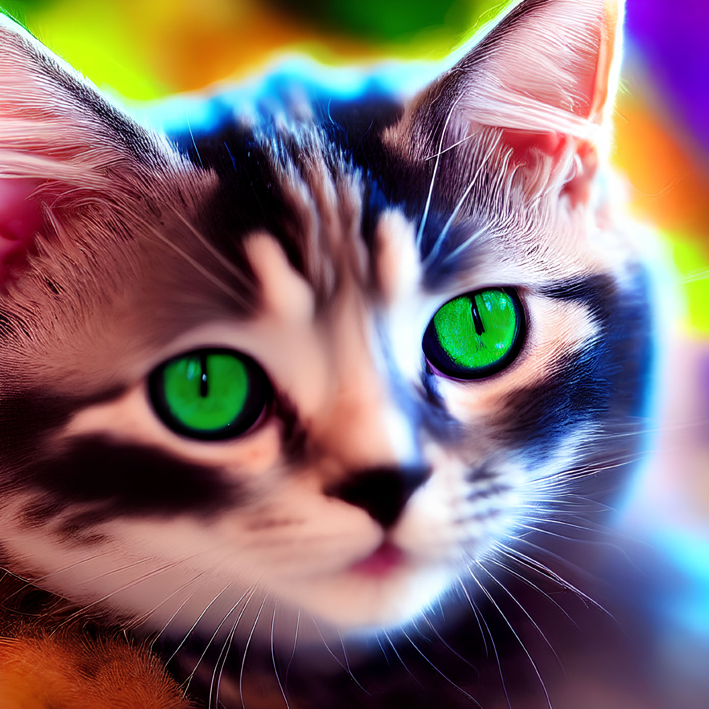 Close-up of cat with striking green eyes against multicolored background