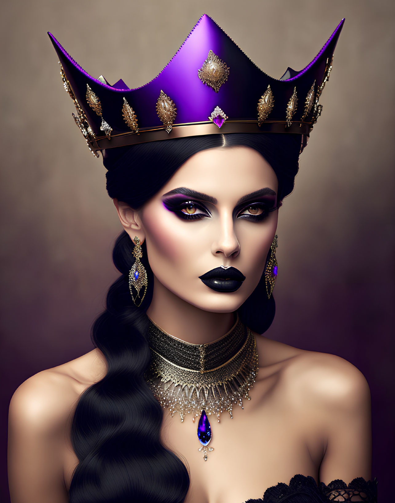 Digital portrait of a woman with dark crown, dramatic makeup, long braid, and ornate jewelry