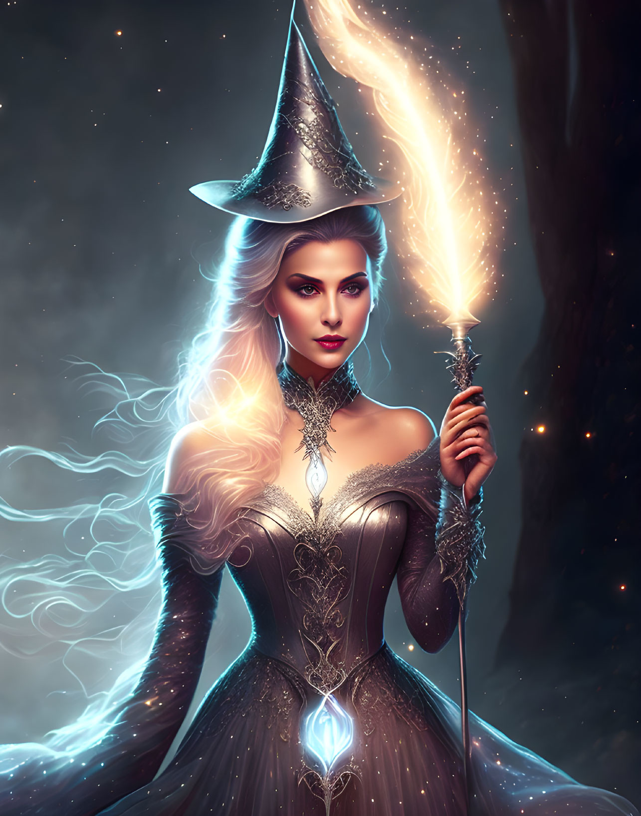 Mystical enchantress in glowing attire with luminous staff