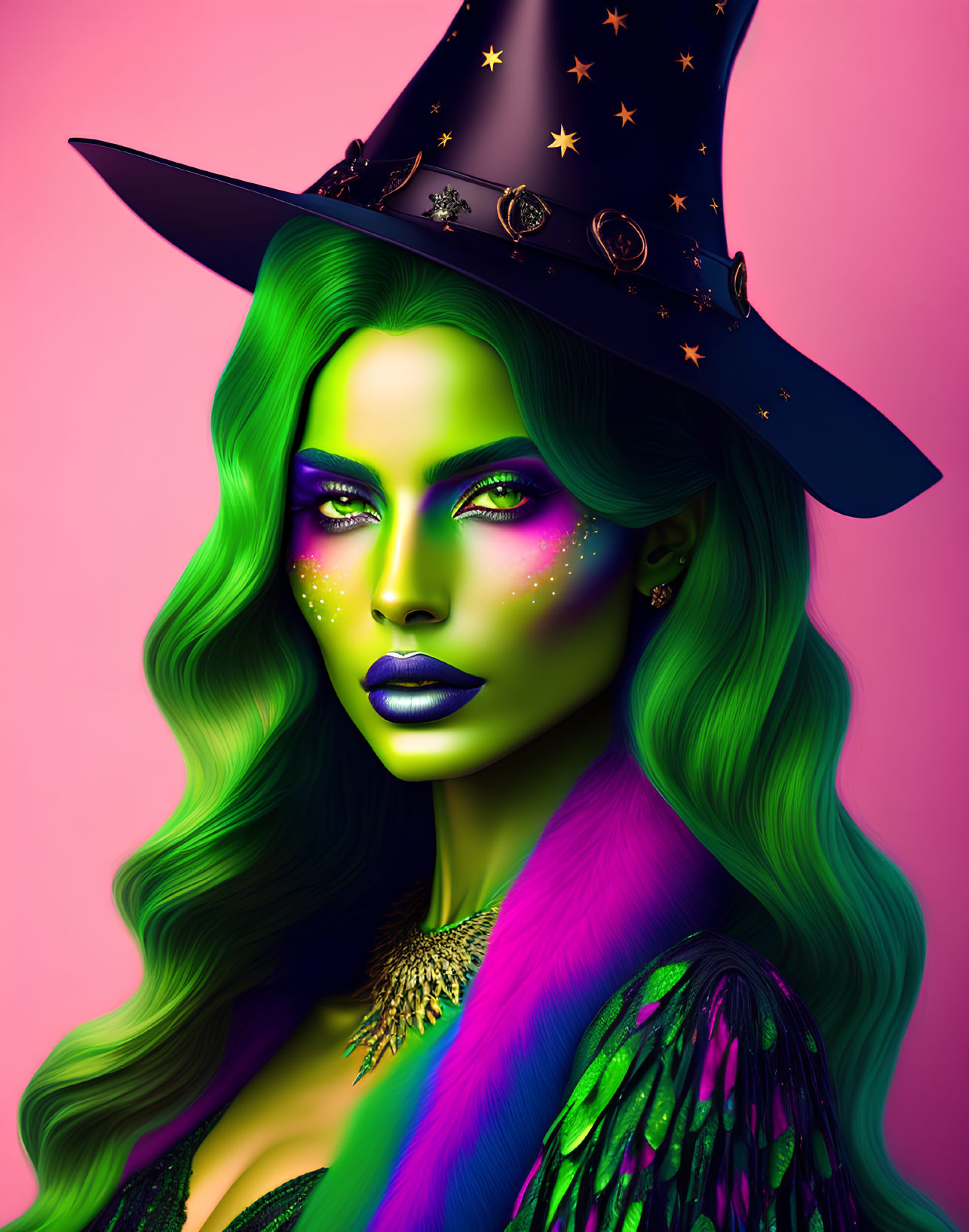 Colorful digital artwork featuring woman with green hair, witch hat, stars, moons on pink backdrop