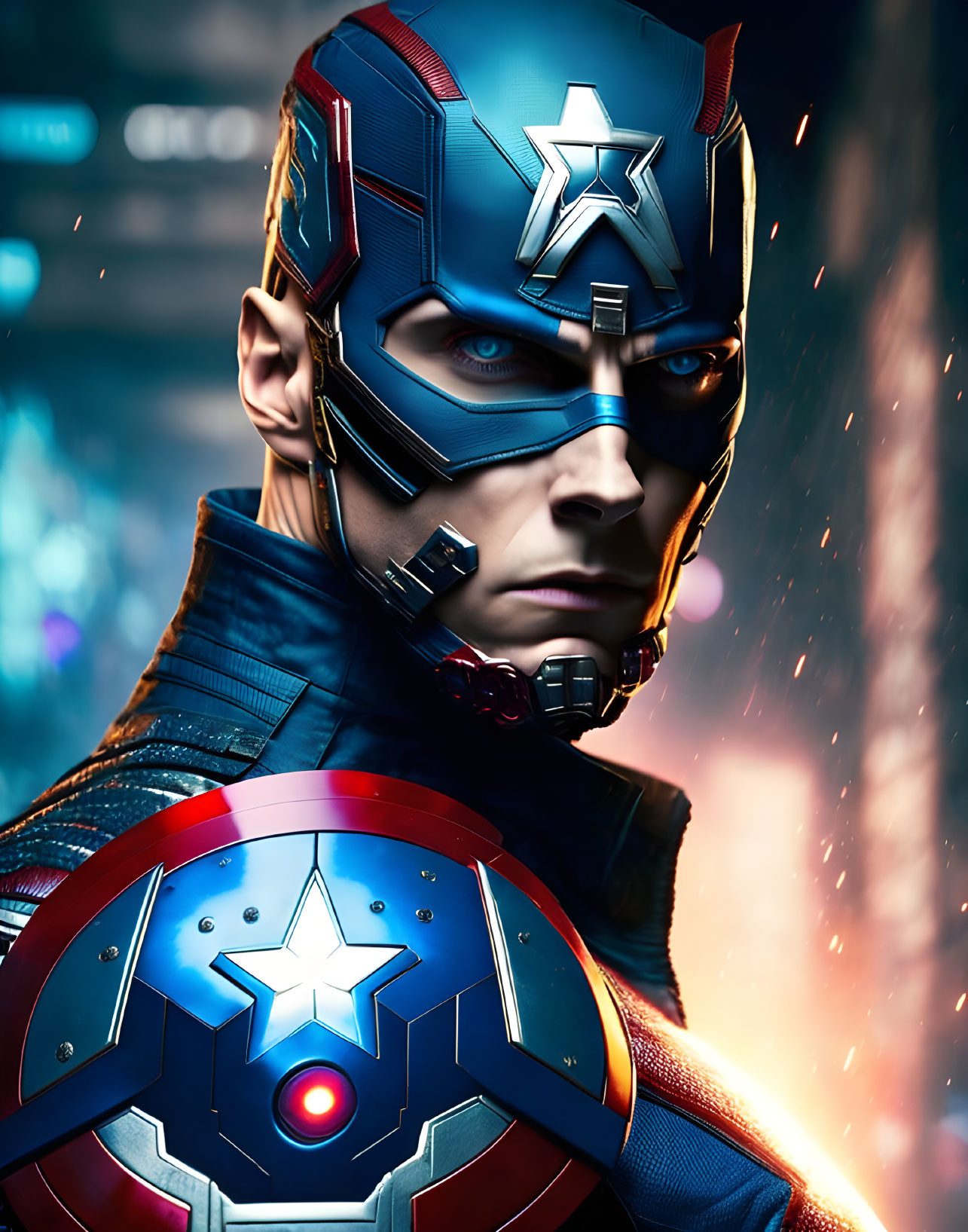 Detailed Captain America costume with glowing elements and futuristic shield.