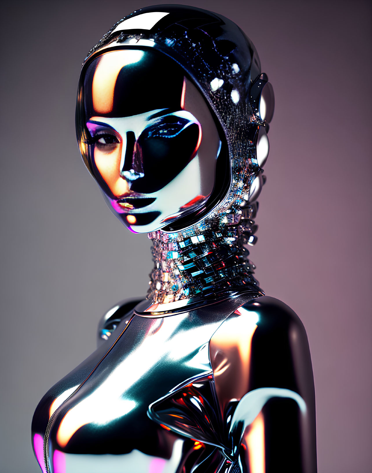 Reflective metallic female robot on pink background