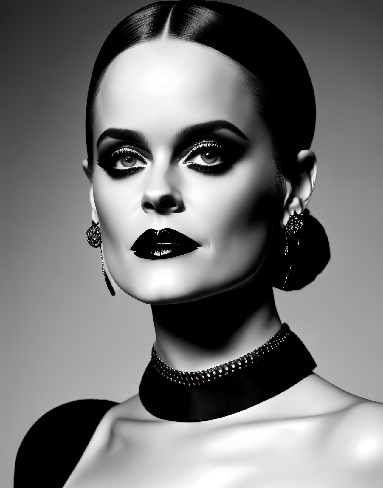 Monochrome portrait of woman with bold makeup and elegant jewelry