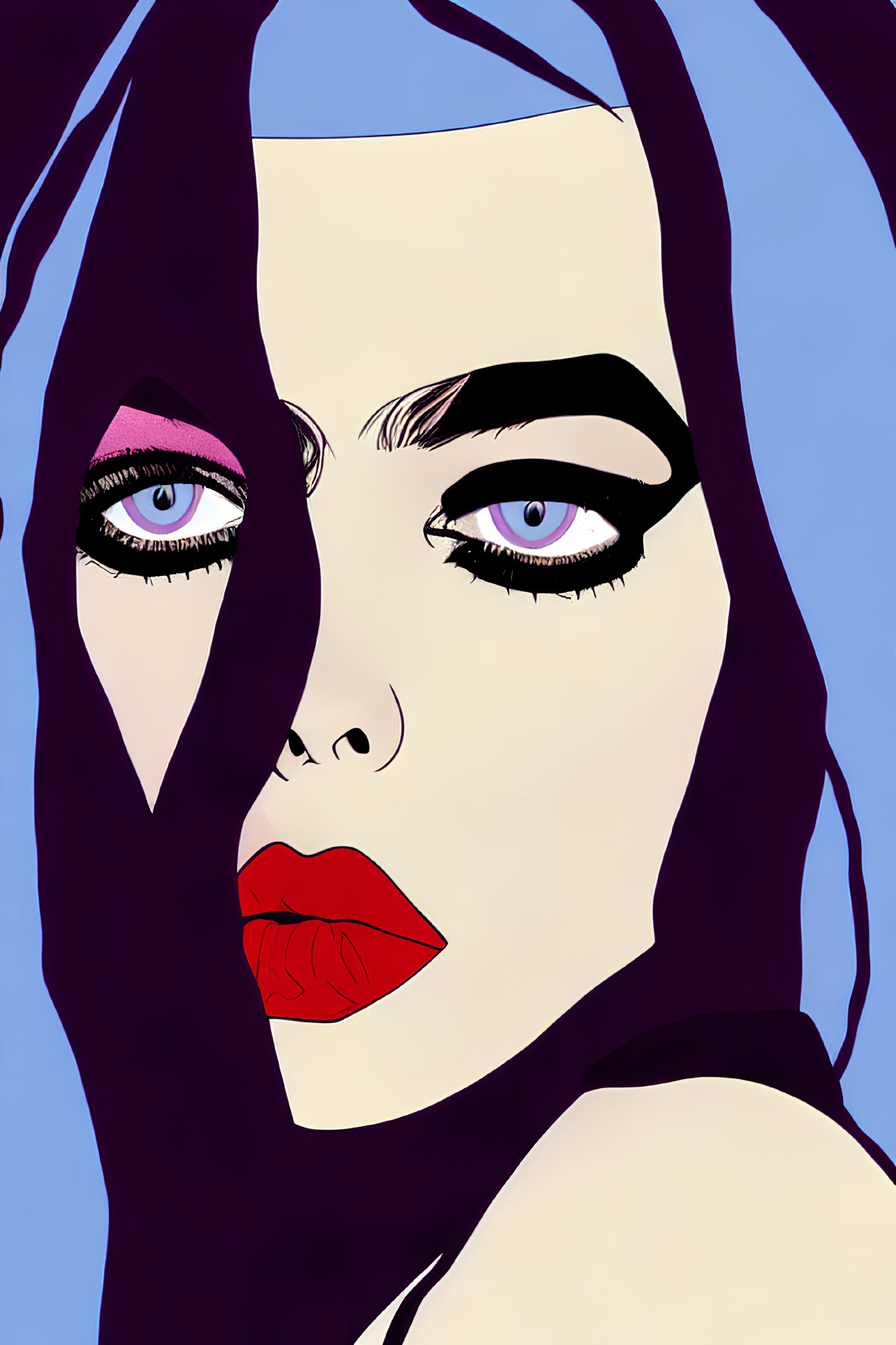Stylized portrait of a person with dramatic makeup and intense blue eyes