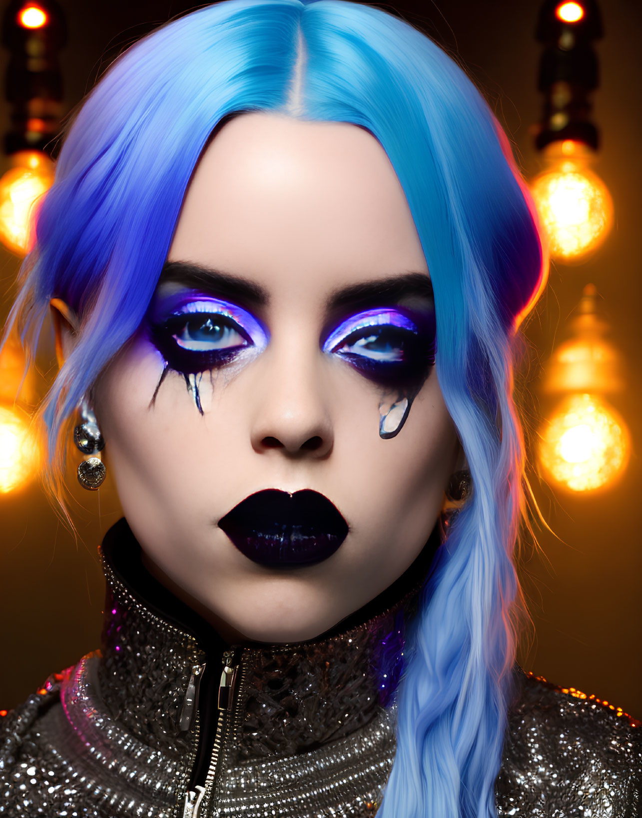 Blue-haired person with dramatic makeup and sparkly outfit in warm light setting
