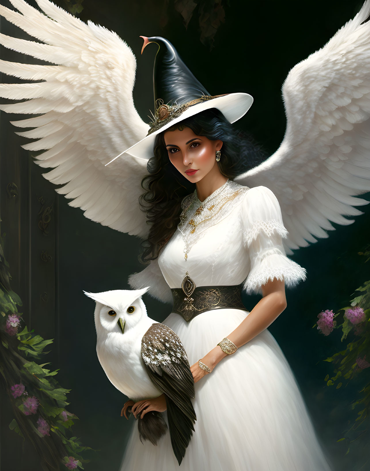 Illustrated woman with angel wings and witch's hat posing with white owl in elegant attire against dark floral