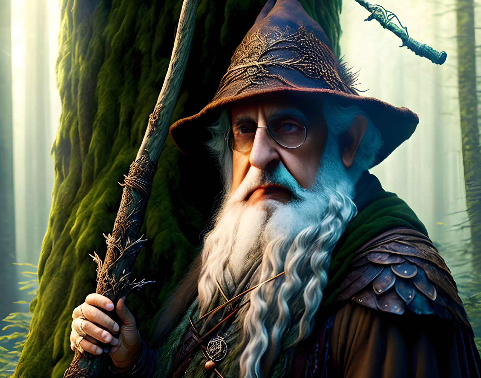White-bearded wizard in pointed hat with staff in mystical forest.