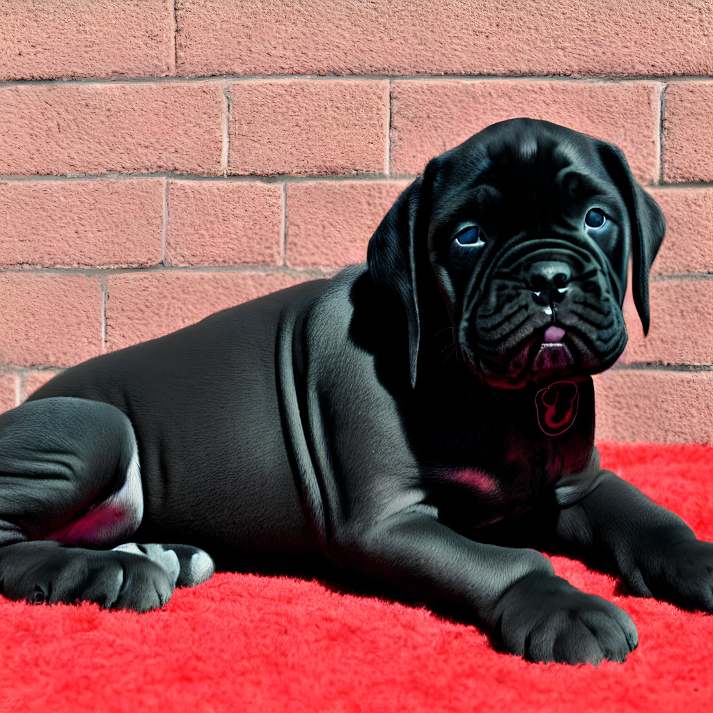 Black puppy with shiny coat and blue eyes on red rug against pink brick wall