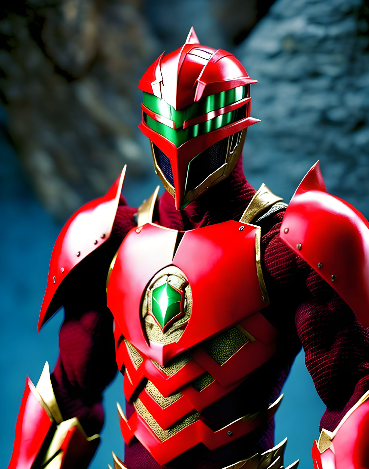 Detailed Red and Green Power Ranger Costume on Confident Person