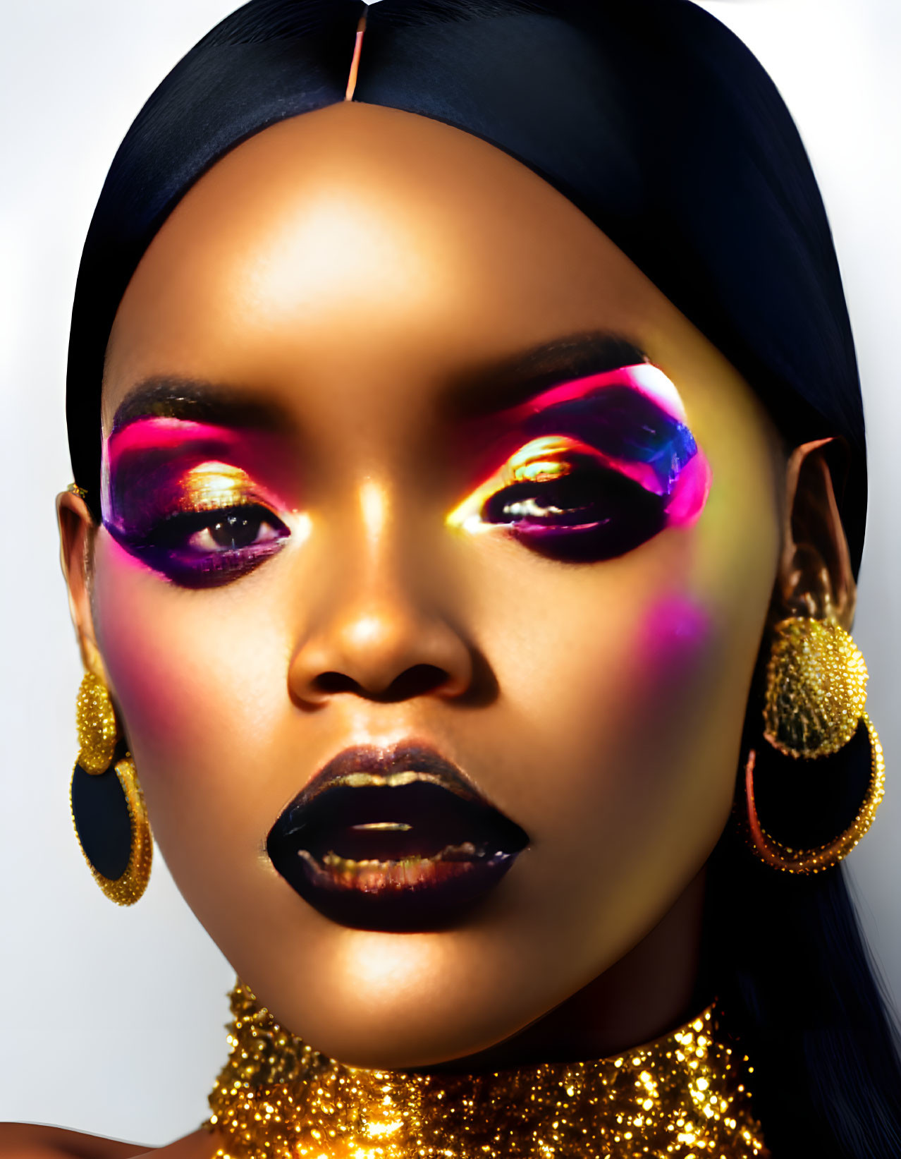 Woman with Bold Makeup and Golden Accessories on Light Background