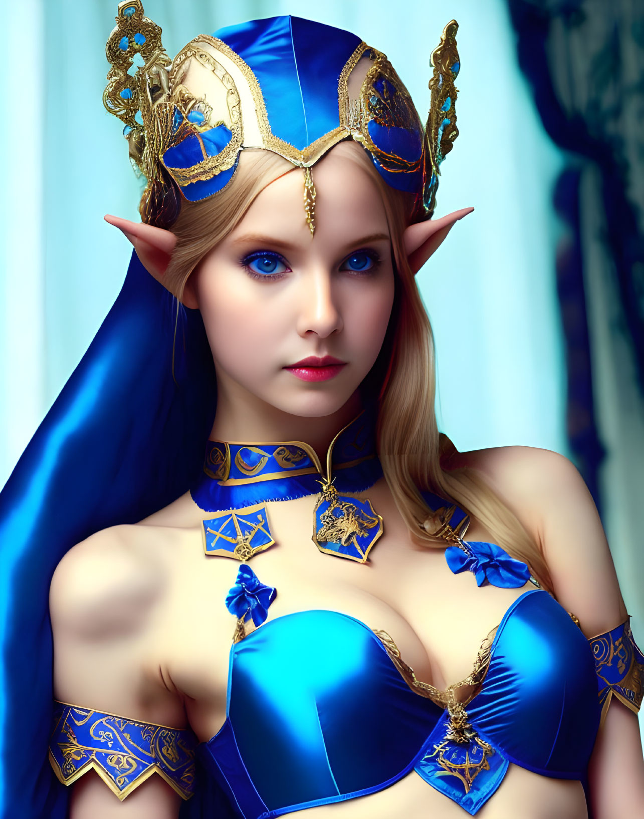 Fantasy female character with pointed ears and blue attire in intense gaze