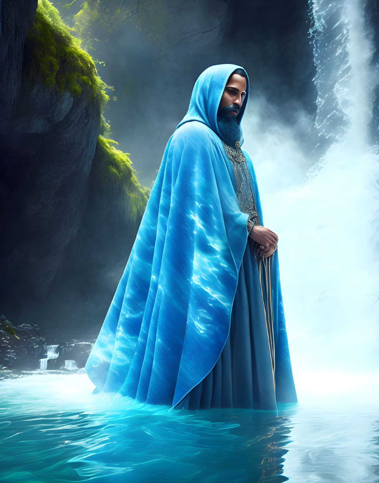 Bearded Figure in Blue Cloak Contemplates by Water Body