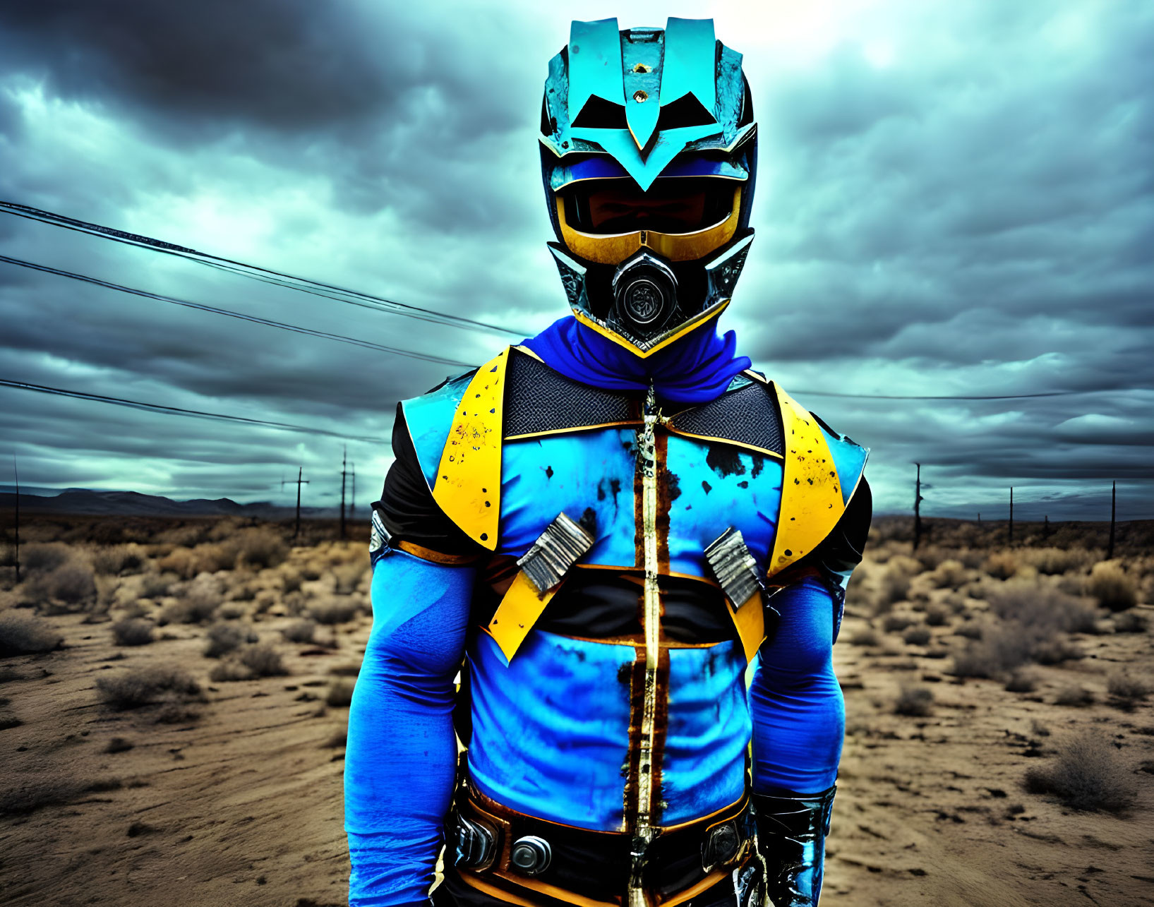 Futuristic blue and yellow armored person in desert landscape