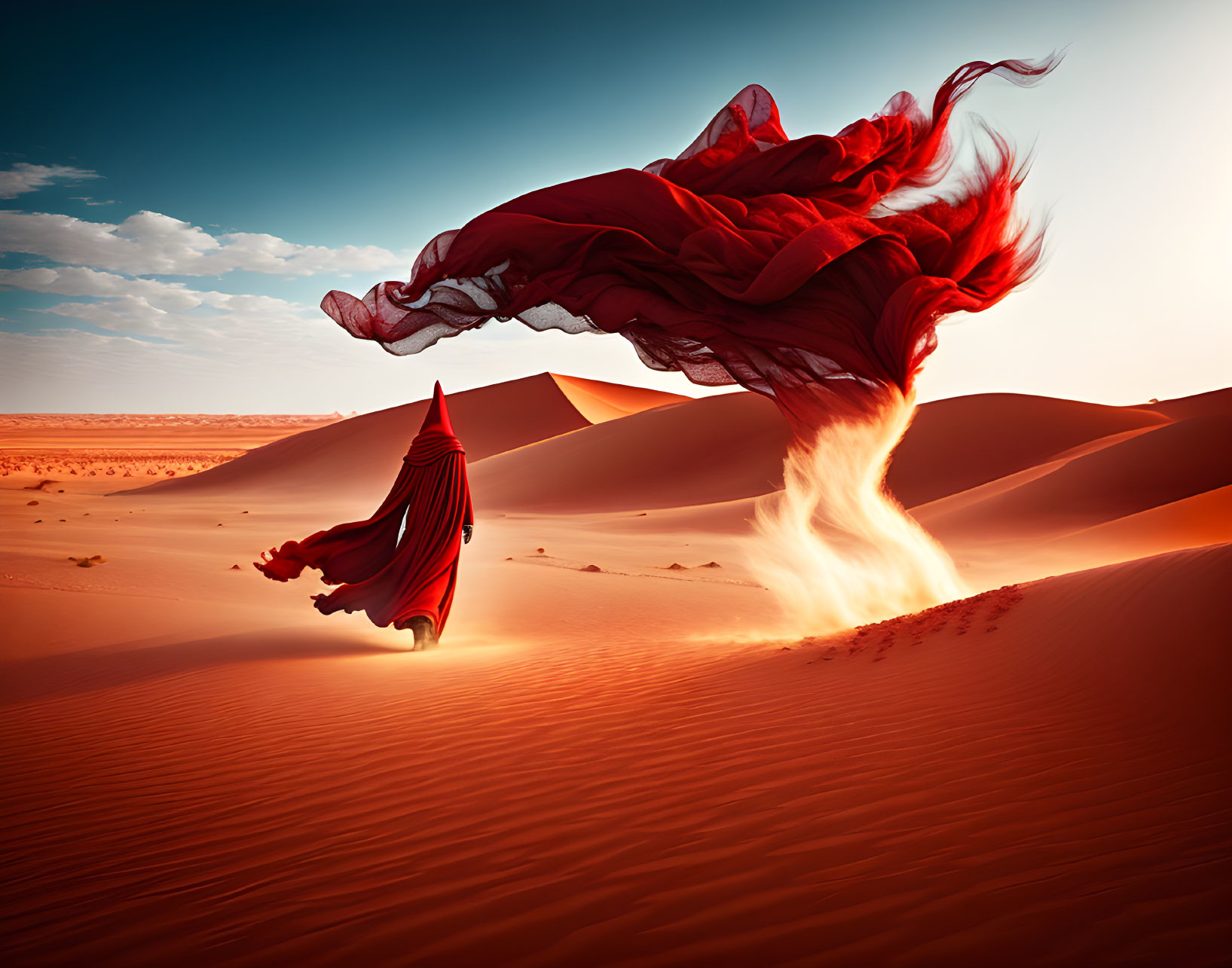 Person in red cloak on desert sand dune under blue sky