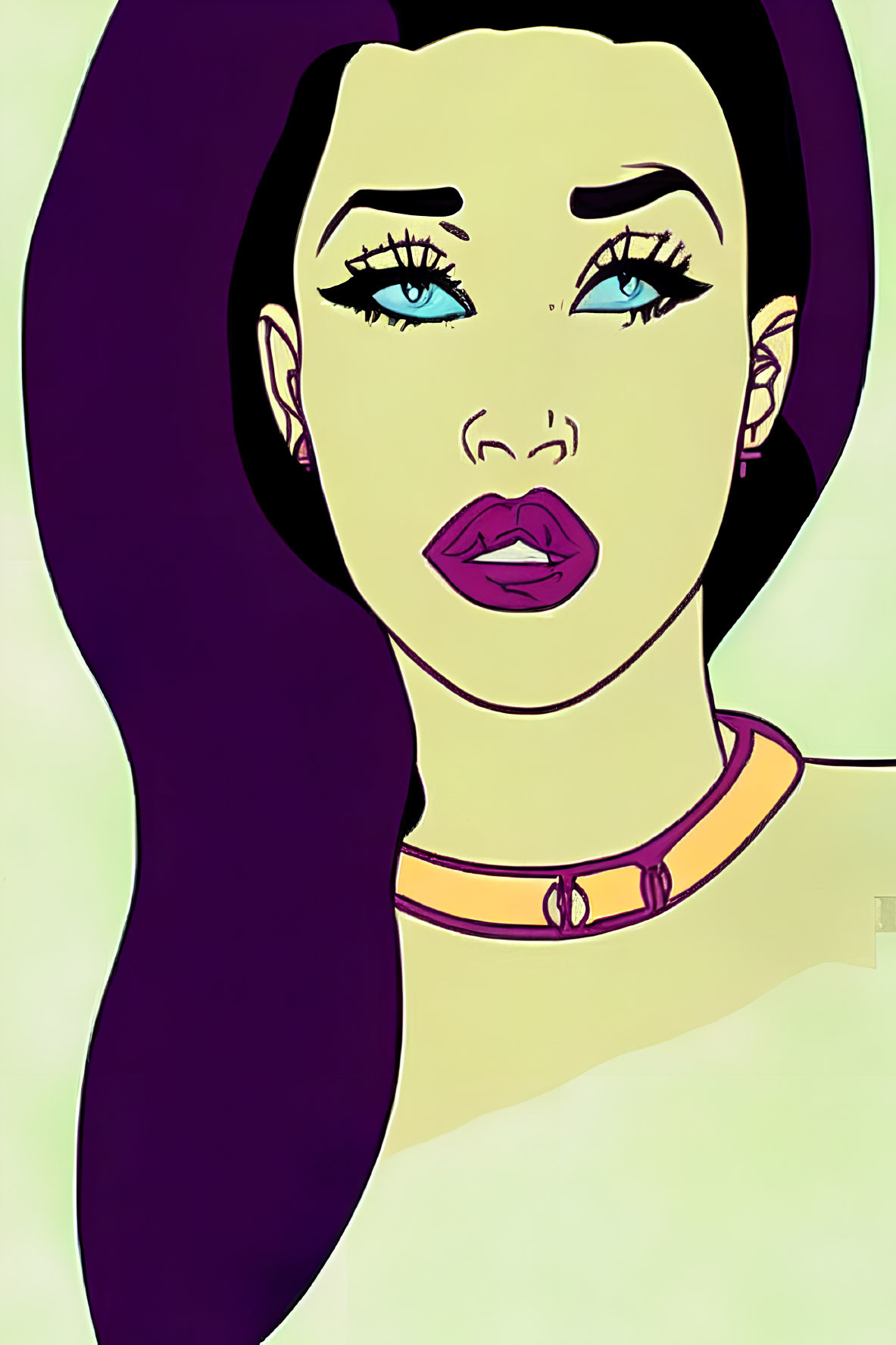 Illustration of a woman with purple hair, blue eyes, and pink choker
