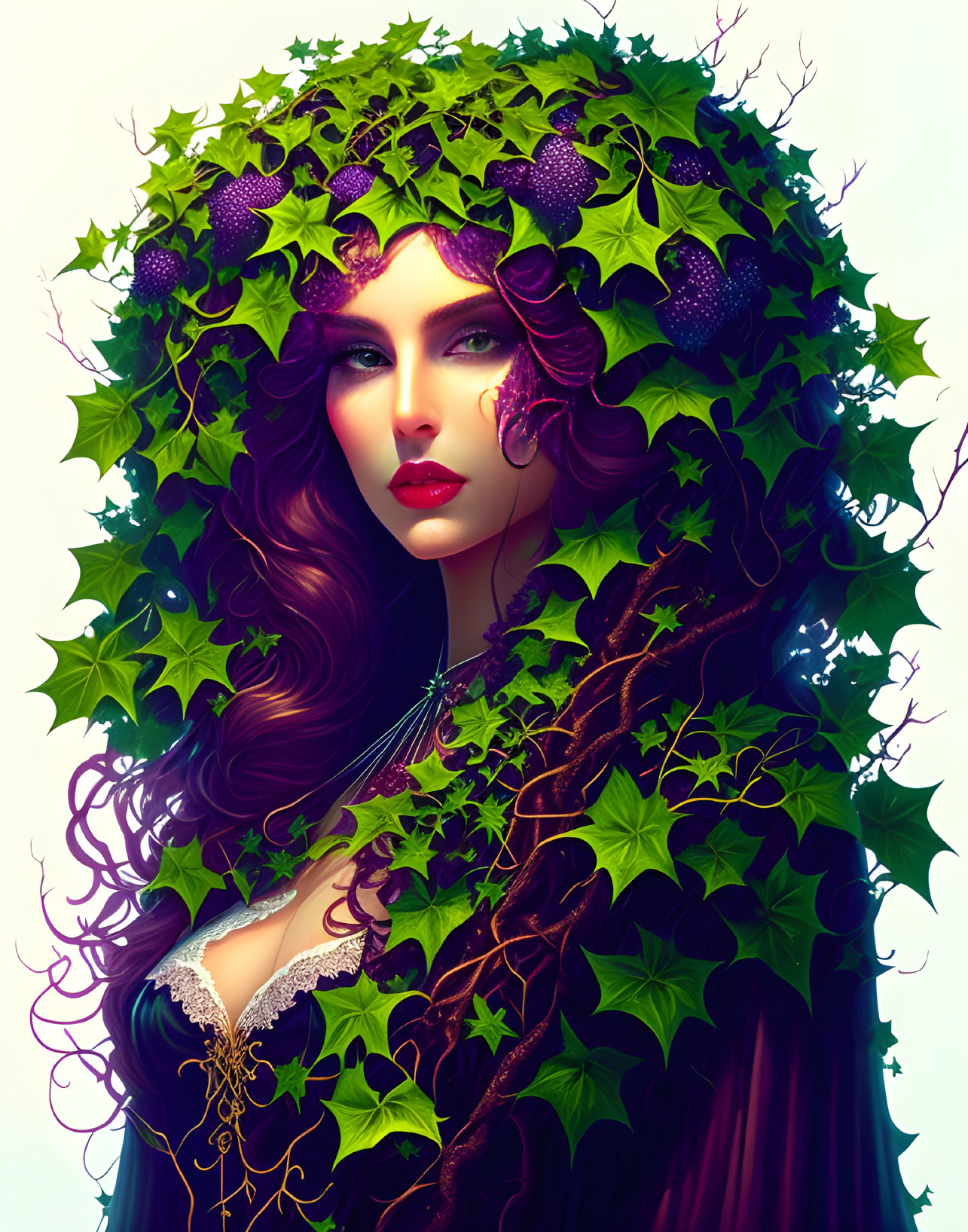 Illustrated woman with curly hair adorned with green leaves and berries in a mystical forest theme