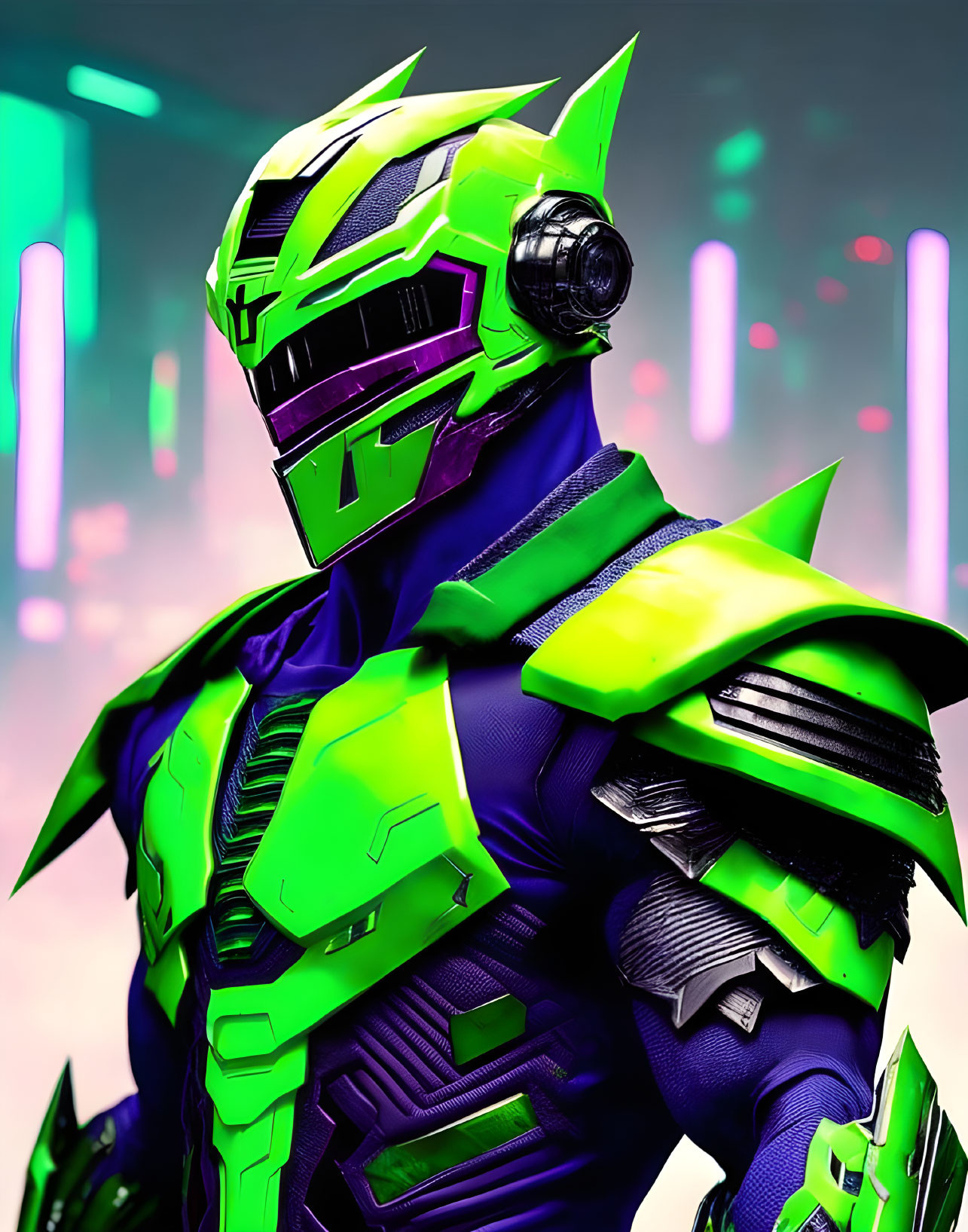 Futuristic figure in green and blue armor with intricate visor on neon-lit background