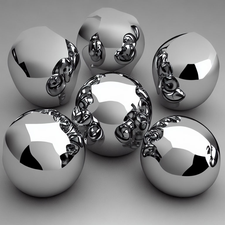 Reflective chrome spheres on grey background with spherical joints - modern abstract art.