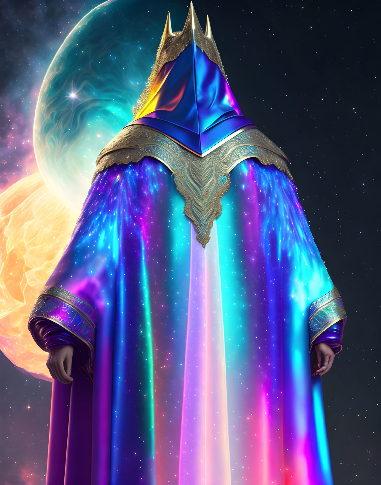 Majestic figure in cosmic robe with moon and sun backdrop