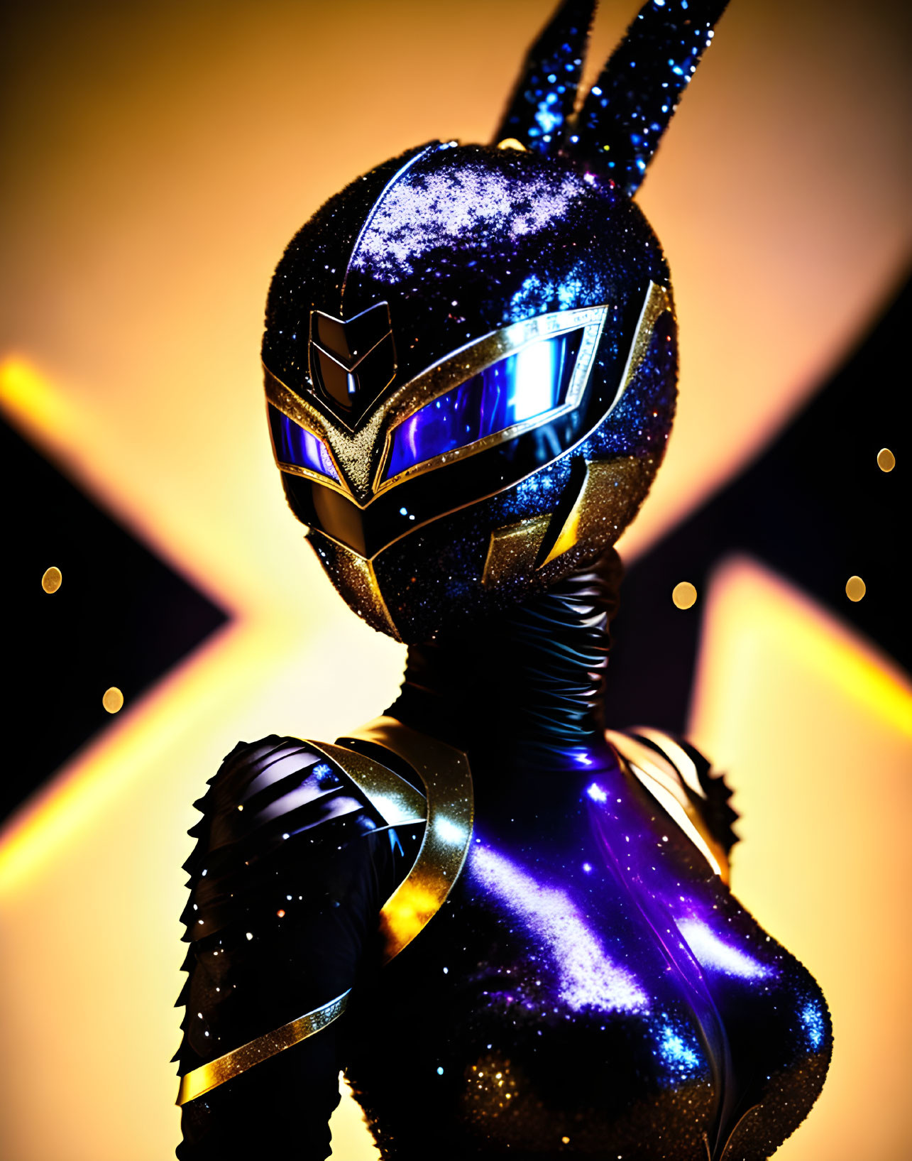 Person in Sparkling Cosmic Superhero Suit with Helmet and Visor Against Starry Golden Backdrop