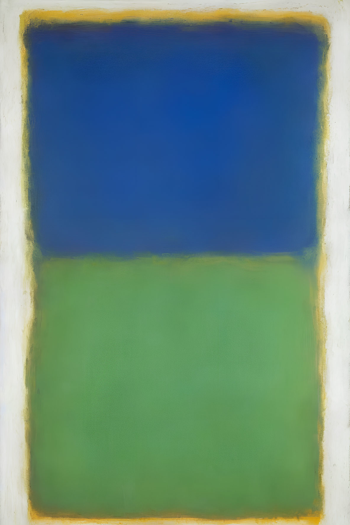 Abstract painting: Large blue and green rectangles with yellow borders on white background