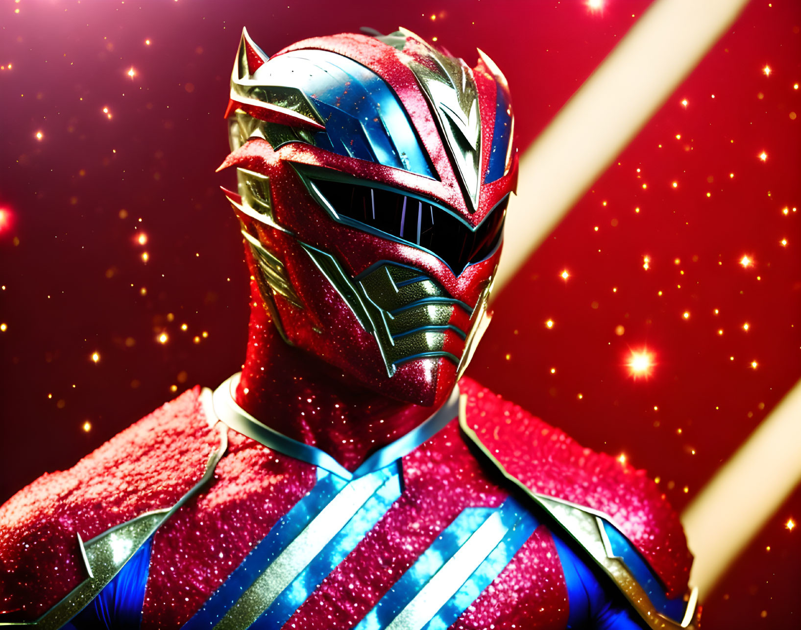 Detailed Red and Blue Power Ranger Suit on Sparkling Background