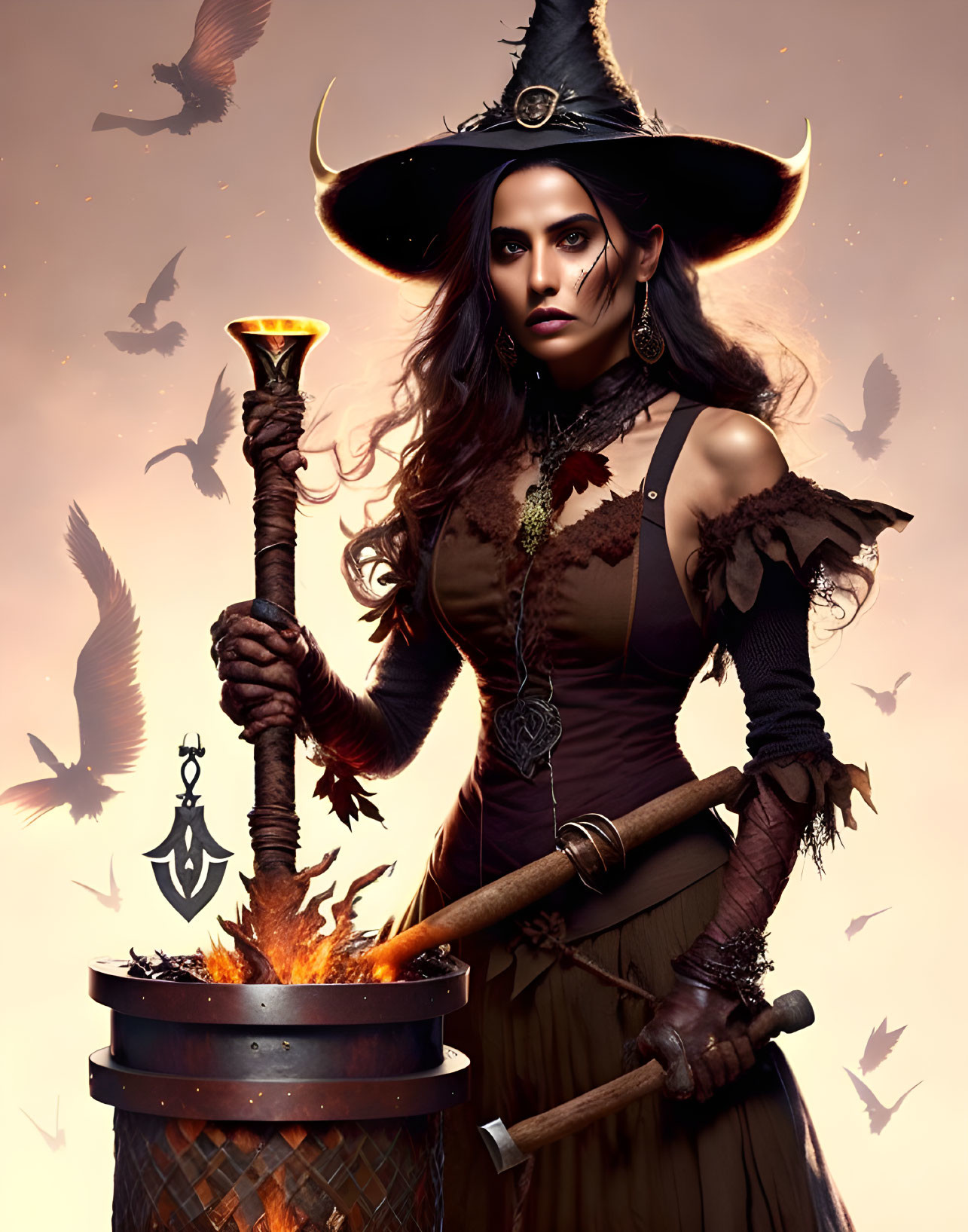 Serious witch with staff and cauldron under bird-filled sky