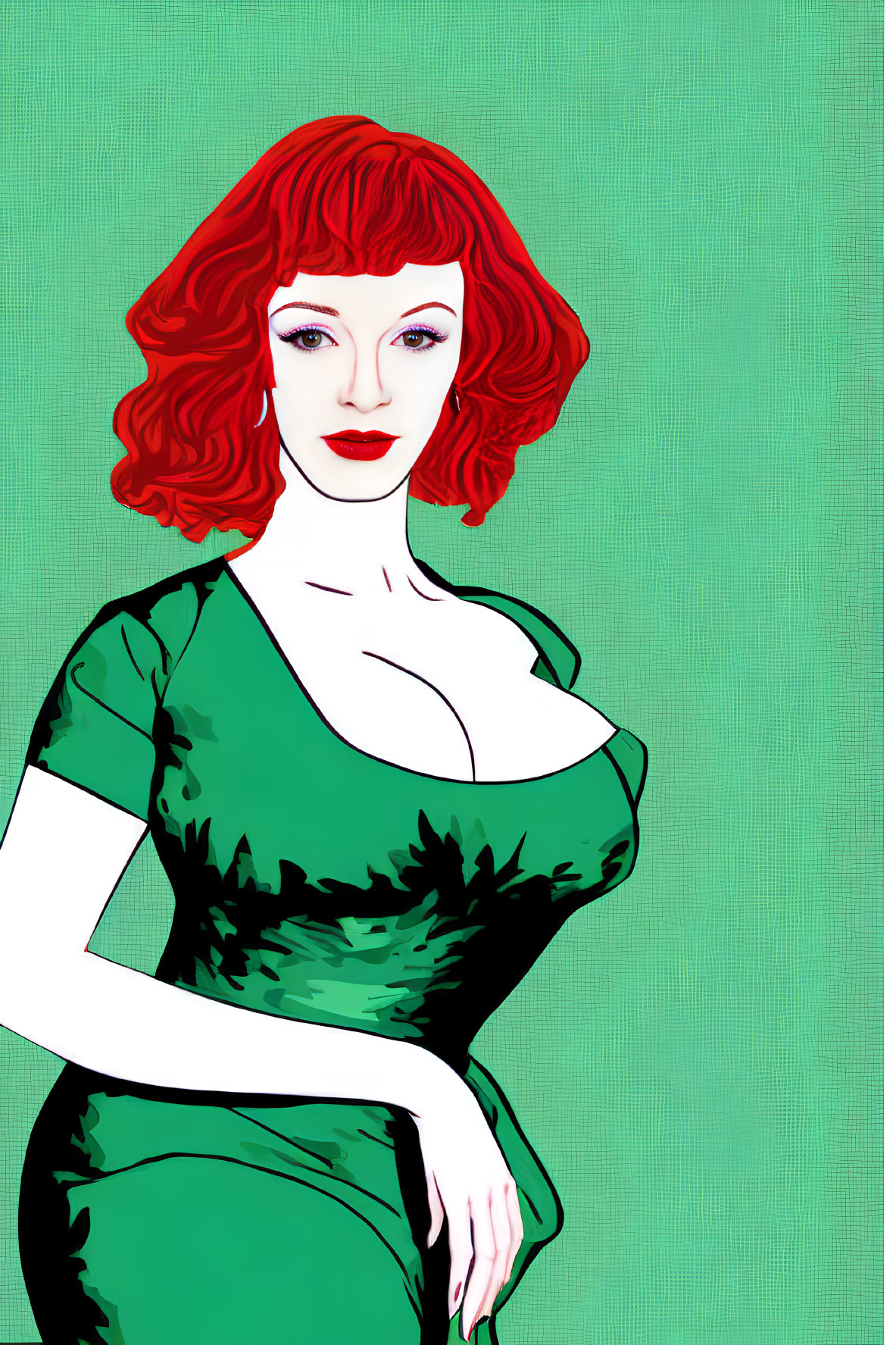 Red-haired woman in green dress on green dotted backdrop