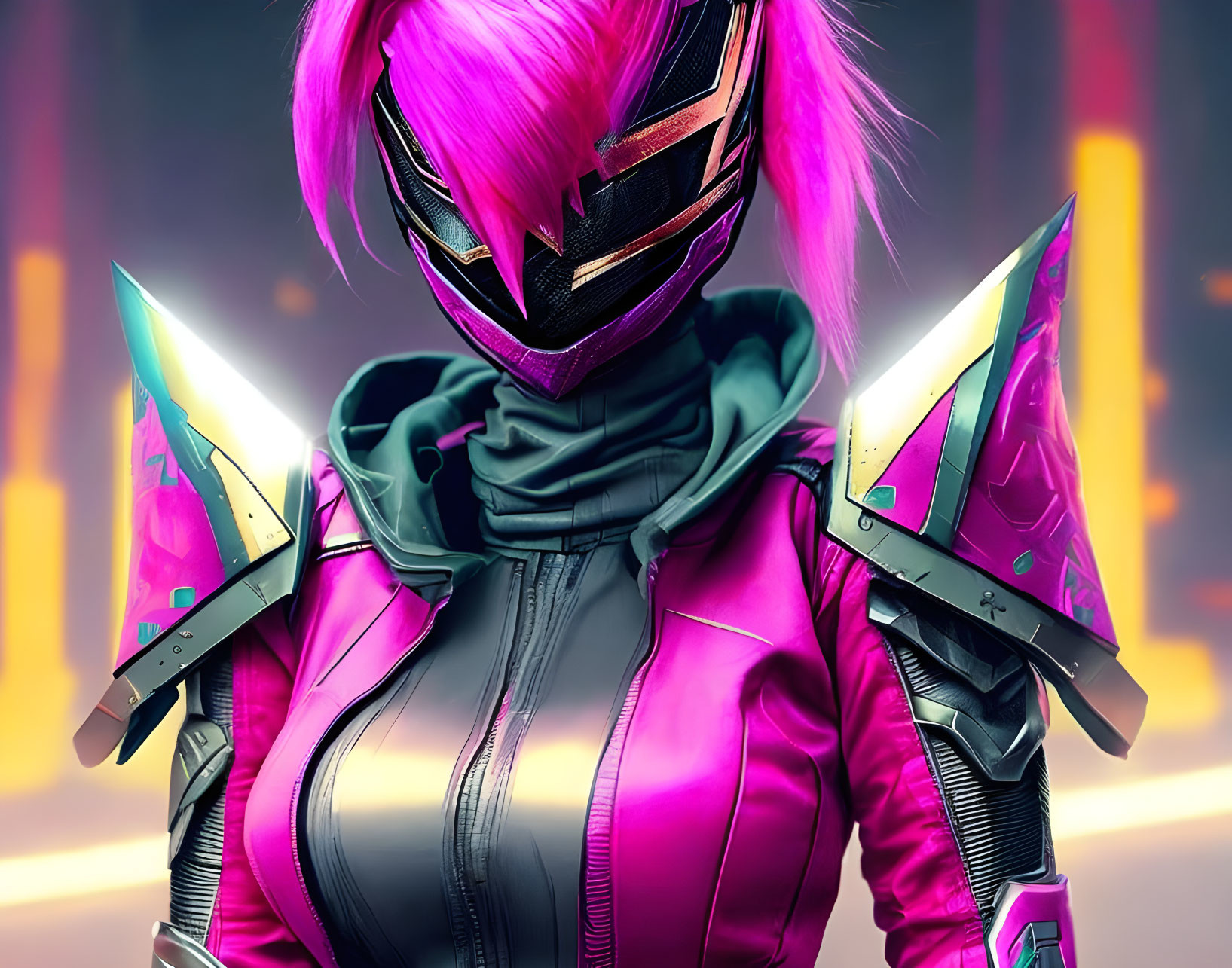 Person in Pink Helmet with Futuristic Knives in Neon-lit Setting