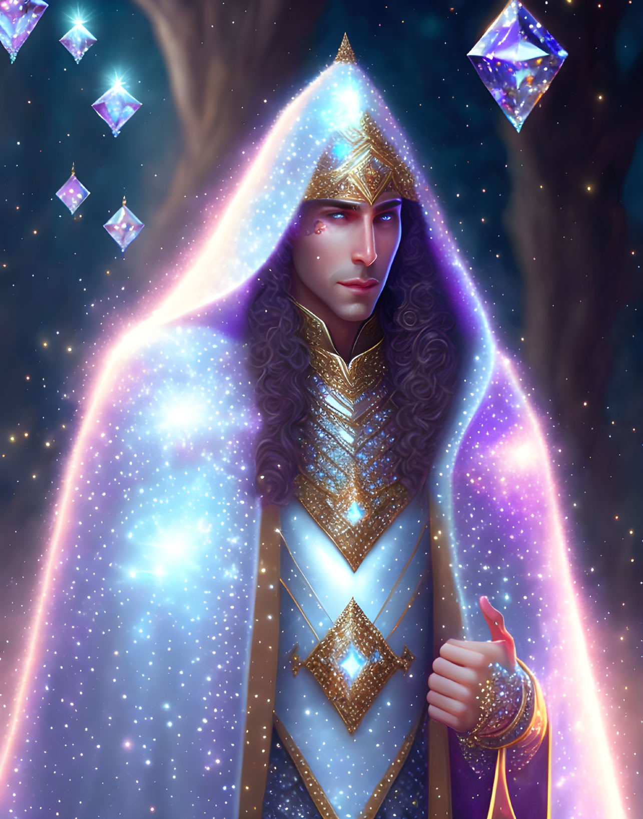 Majestic male figure in golden armor with long hair and crystals
