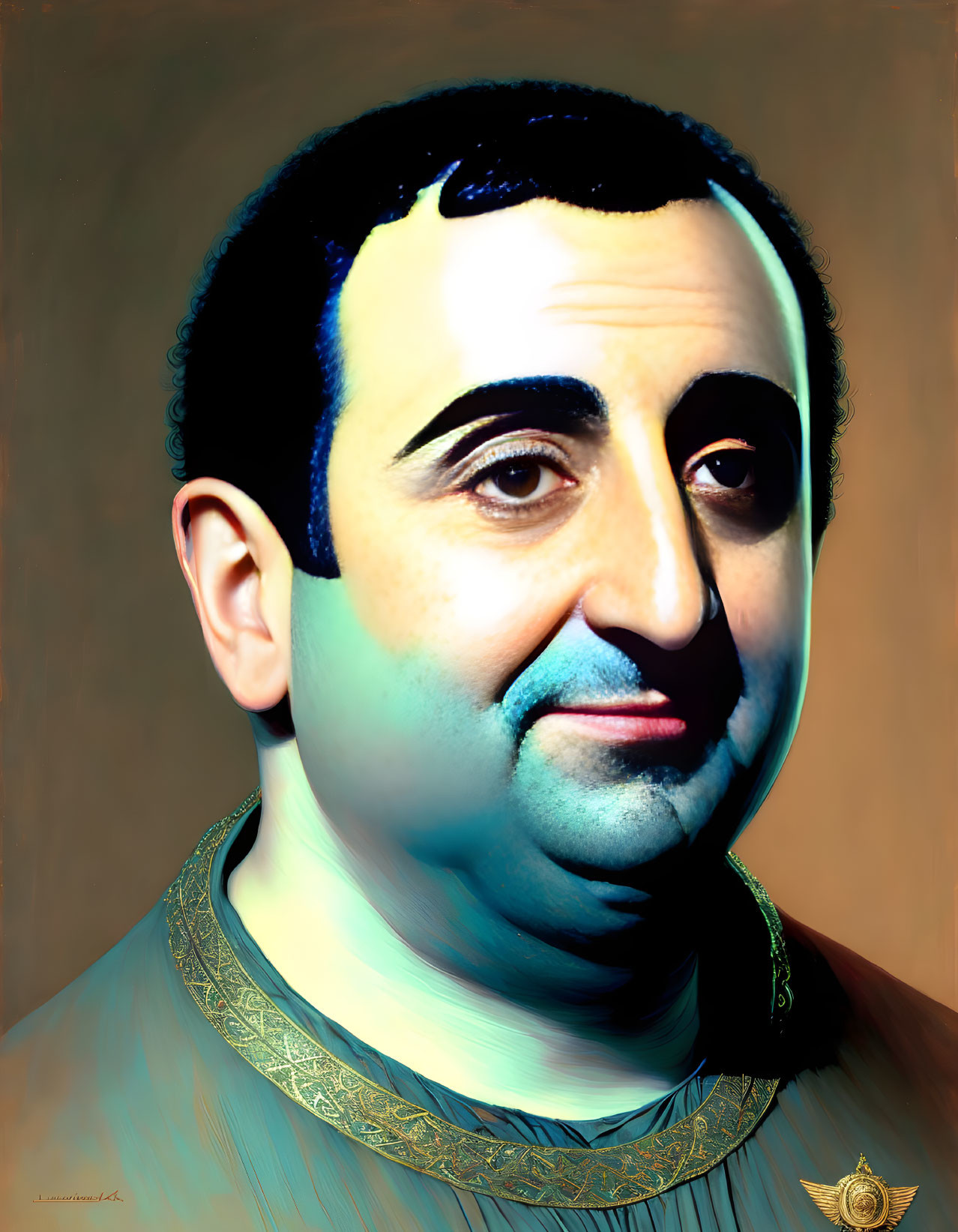 Stylized portrait of a man in blue tunic with gold collar on warm gradient background