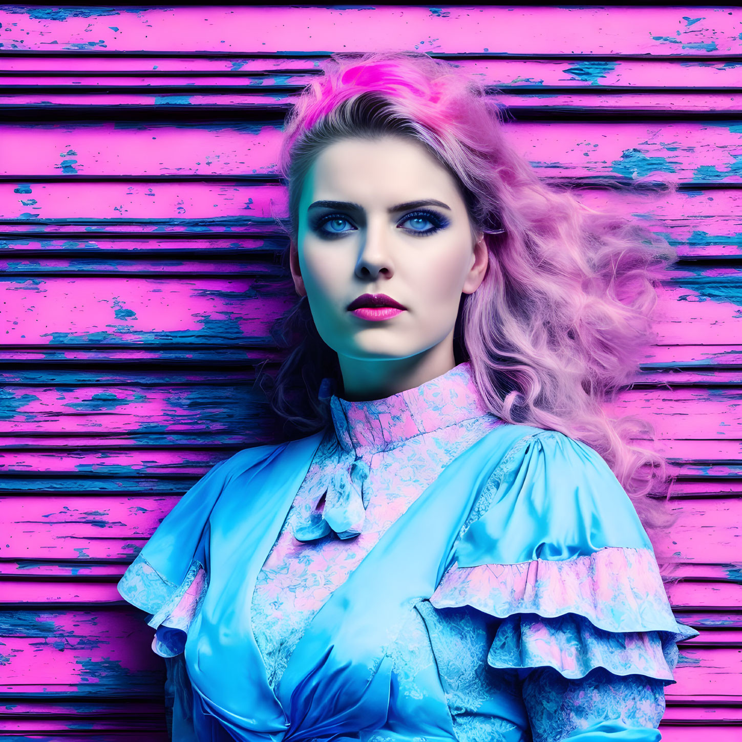 Vibrant pink background with woman in blue ruffled blouse and pink hair