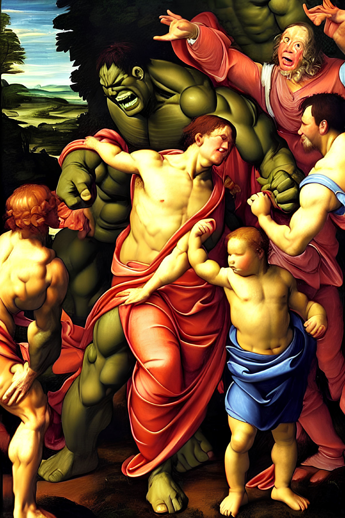 Classical painting merged with Marvel's Hulk in dramatic scene