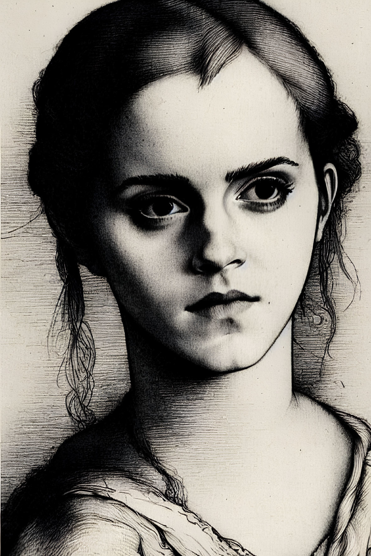 Detailed black and white sketch of young woman with intense eyes, neat eyebrows, straight nose, and w
