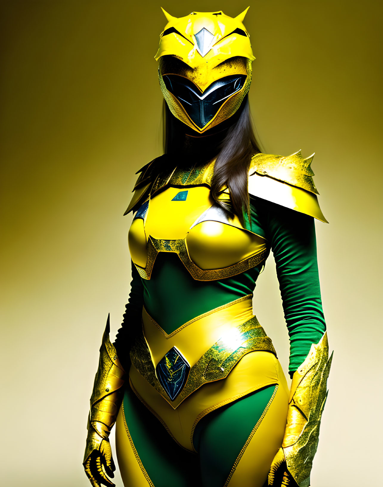 Yellow and Green Armored Superhero Costume on Gradient Background