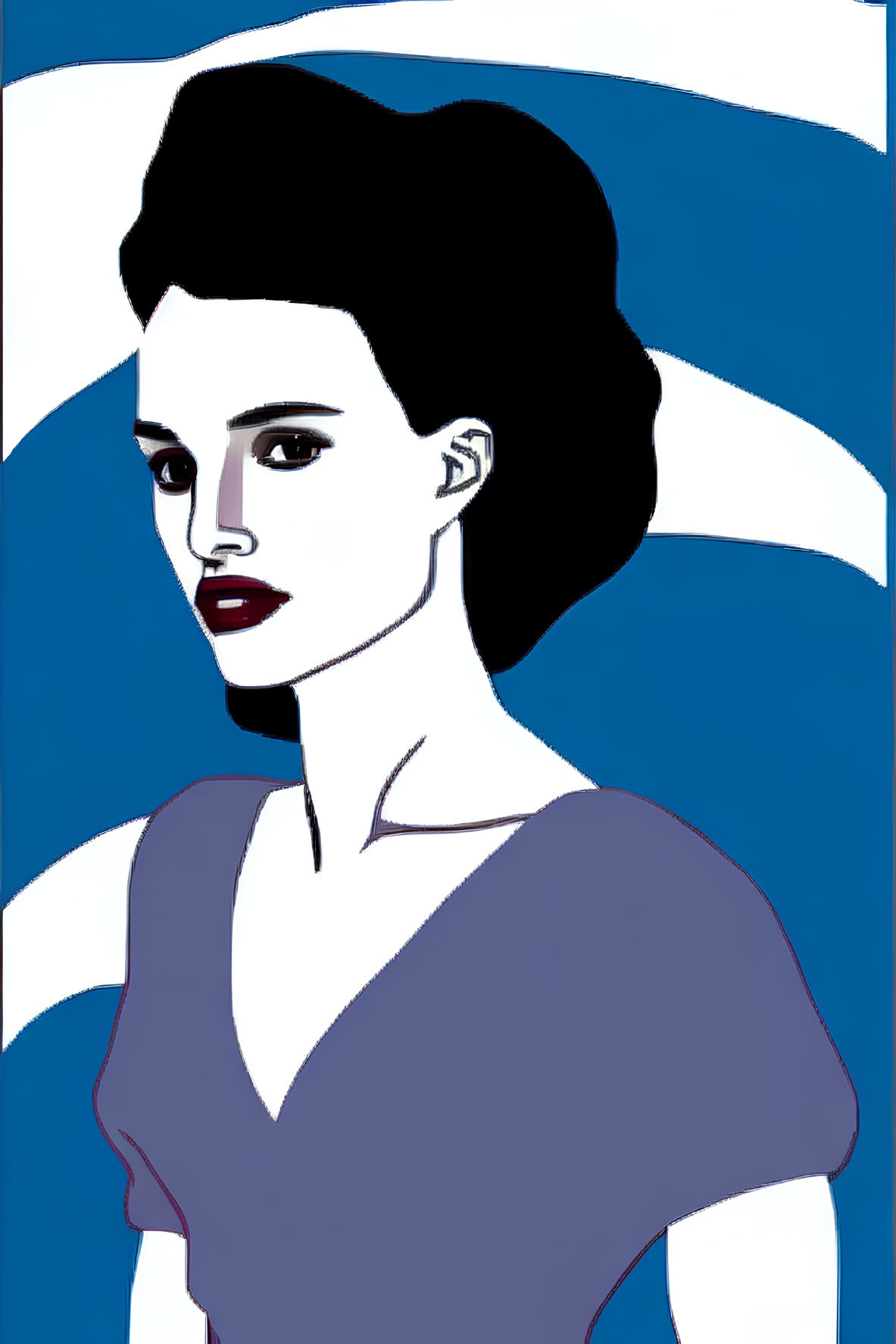 Stylized illustration of woman with dark hair and red lips in purple dress on blue background