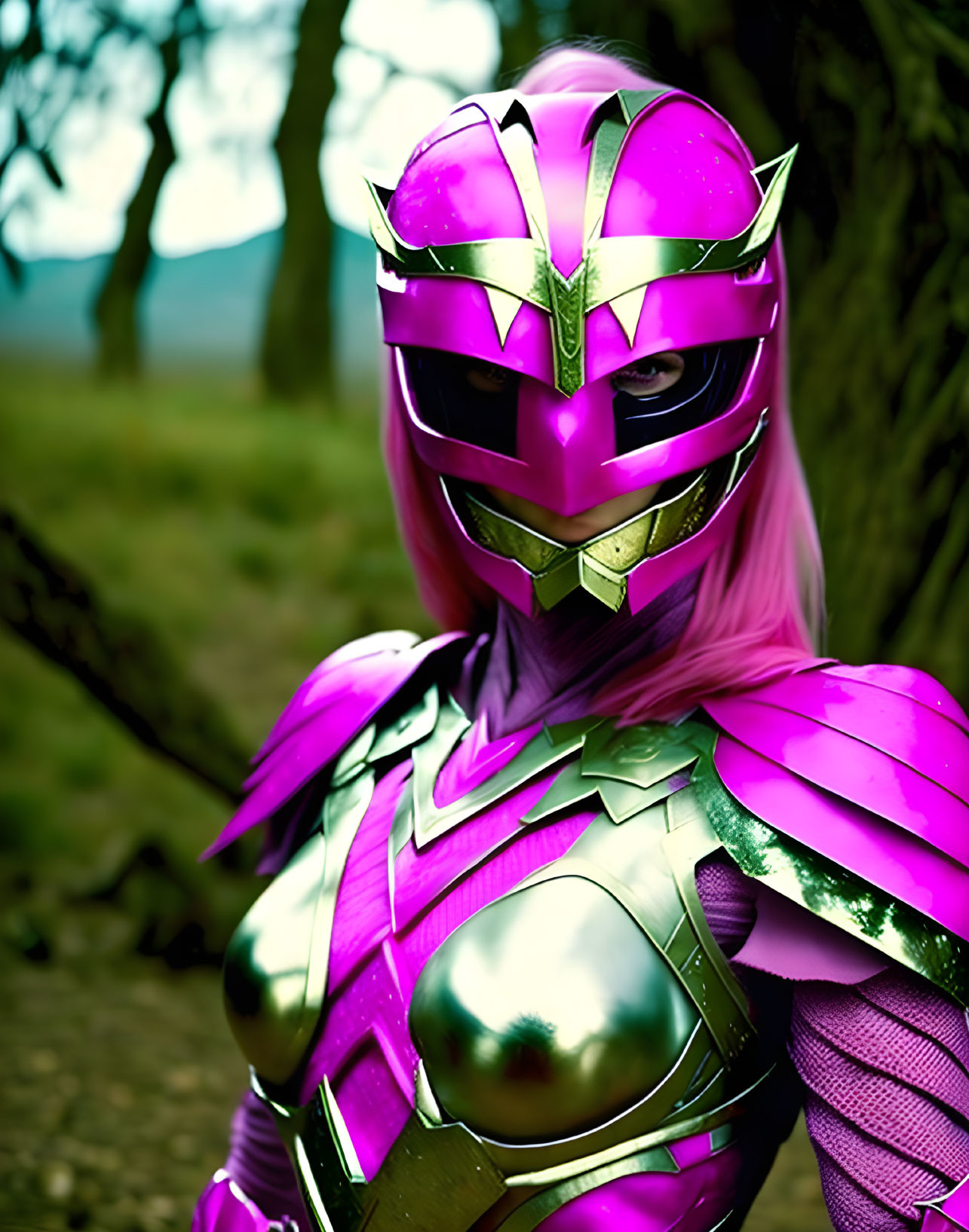 Vibrant pink and metallic Power Ranger costume in wooded area